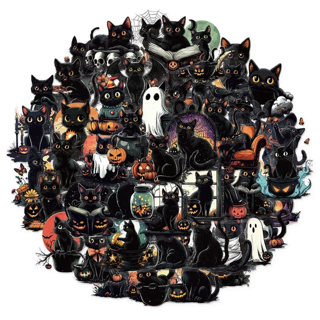 50PCS Halloween Cute Black Cat Creative Graffiti Stickers DIY Luggage Notebook Water Cup PET Waterproof Stickers 1