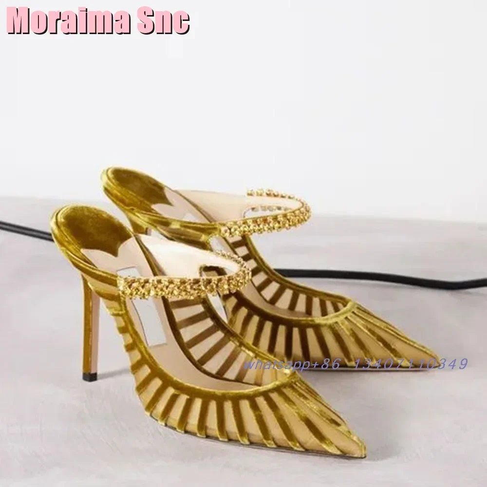 Pointed Toe Crystal Detailing Slippers Fashion Mesh Shallow Stiletto High Heels Luxury Sexy Women\'s Summer Shoes Sandals Banquet