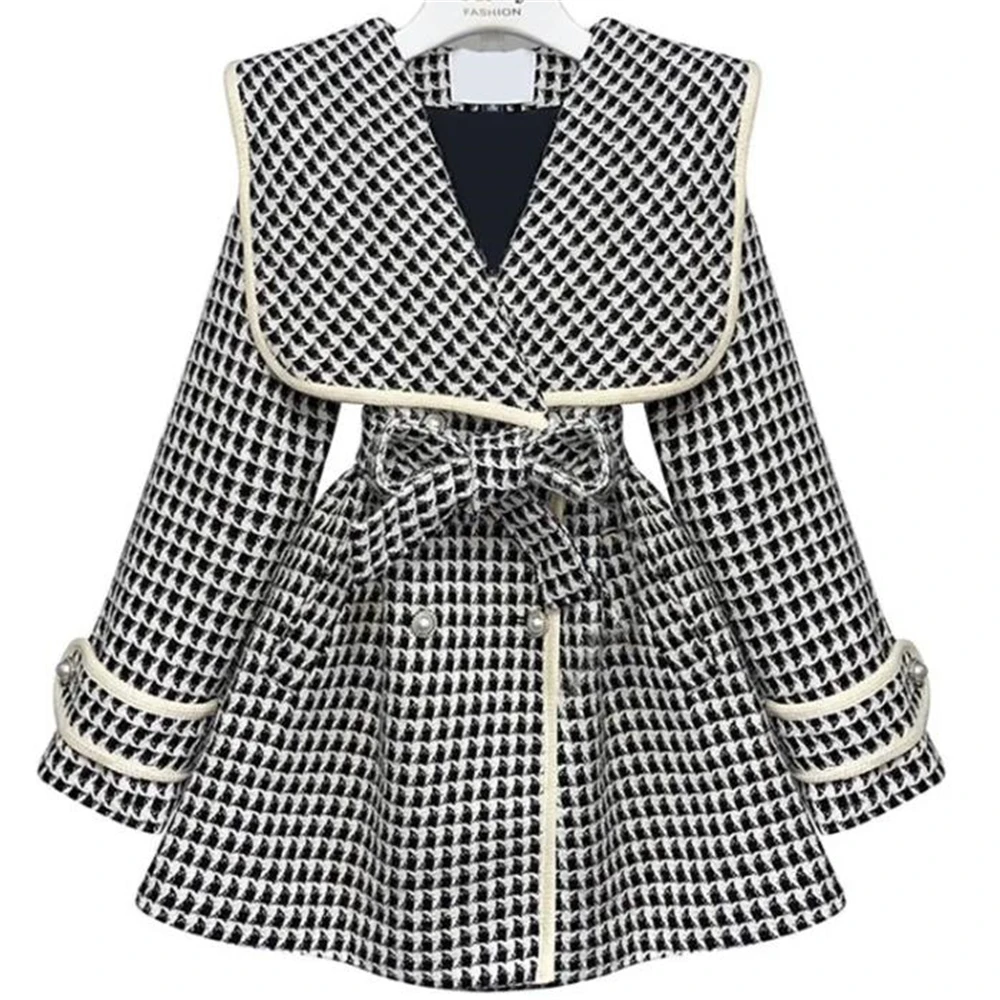 

Autumn Winter Blazer Woolen Coat Women Elegant Double Breasted Houndstooth Thick Ol Jacket Suit Belt Thick Outerwear Jacket Warm