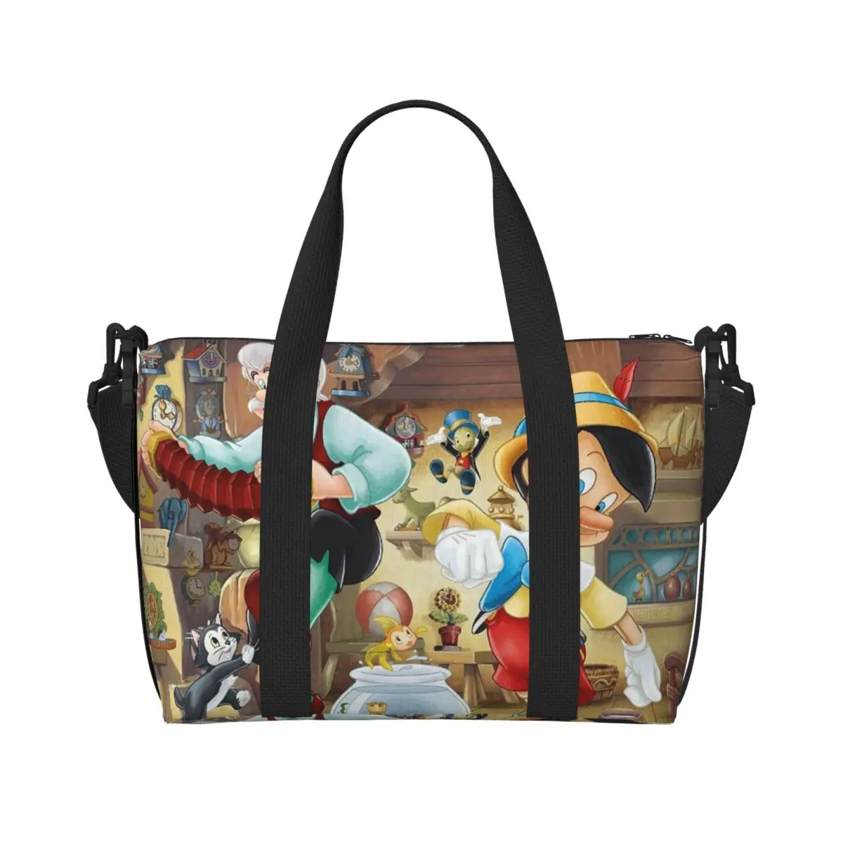 Custom Cartoon P-Pinocchio Beach Tote Bag Women Big Compartment Beach Gym Travel Bags