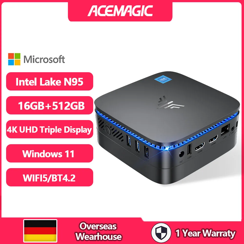 ACEMAGIC AK1 Plus Mini PC Intel N95 8/16GB DDR4 RAM/512GB/1TB SSD WiFi5/6 BT4.2/5.2 Support 4K UHD Desktop Computers