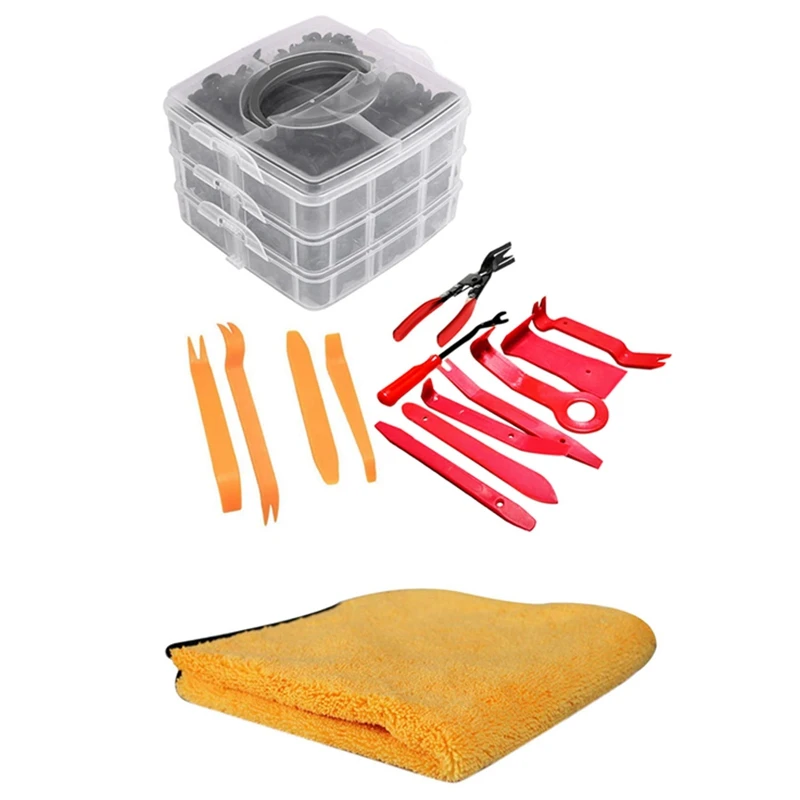 

1 Pcs Car Cleaning Towel Microfiber & 1 Set Auto Fastener Clip With Hand Tools