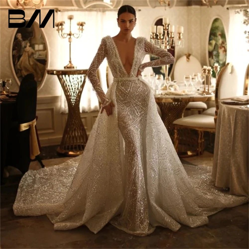 

2 in 1 Sequined Mermaid Wedding Dresses Customized Long Sleeves Deep V Neck Bridal Gown Luxury Court Train Bride Dresses