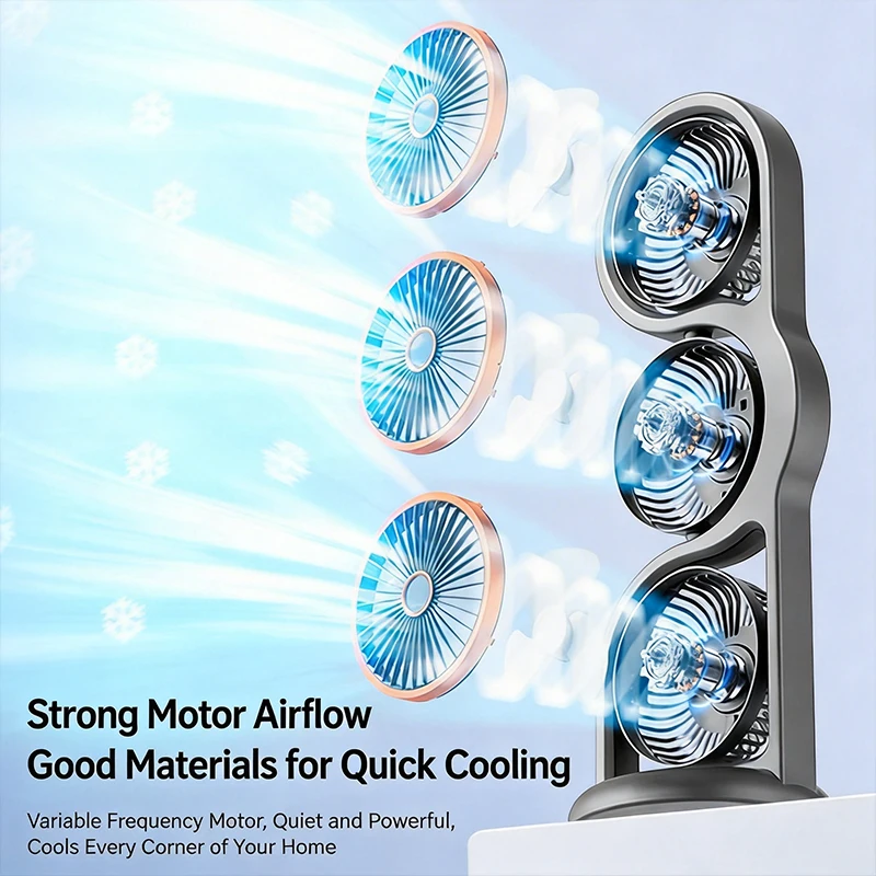 Portable USB Rechargeable 3-Head Desktop Fan, 360° Rotation Circulating Fan 5 Speed Wind for Dormitory Outdoor image 6