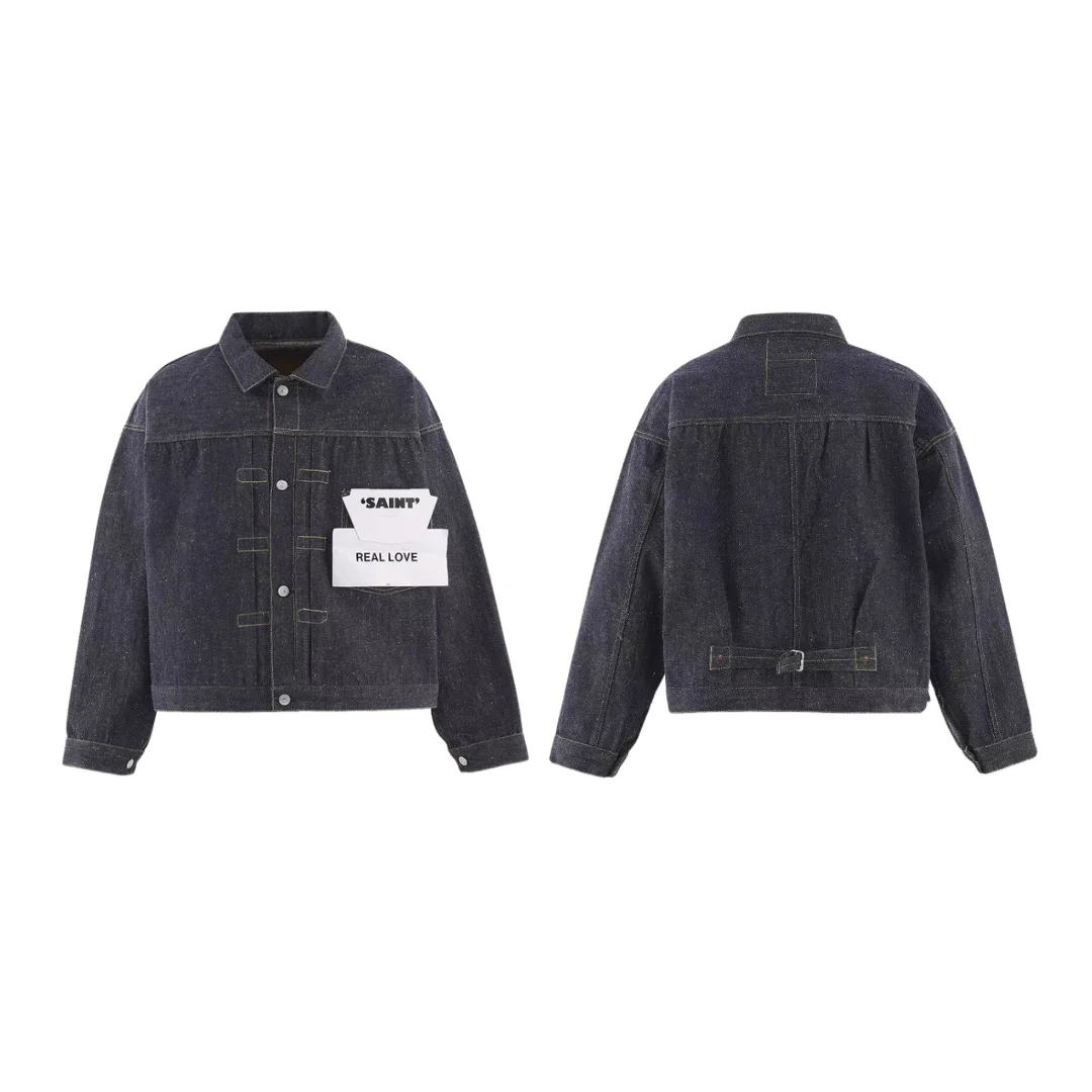Saint Michael Raw Denim Jacket Men Dark Indigo Oversized Trucker Coat Yellow Stitch Streetwear Couple Vintage Jean Outerwear