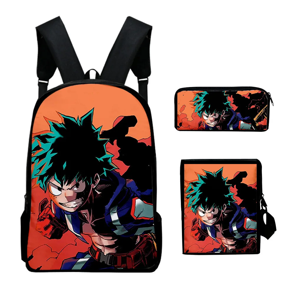 Mochila escolar con estampado 3D de My Hero Academia para ordenador portátil, bolso de hombro inclinado, estuche para lápices, moda clásica, Juego de 3 unidades