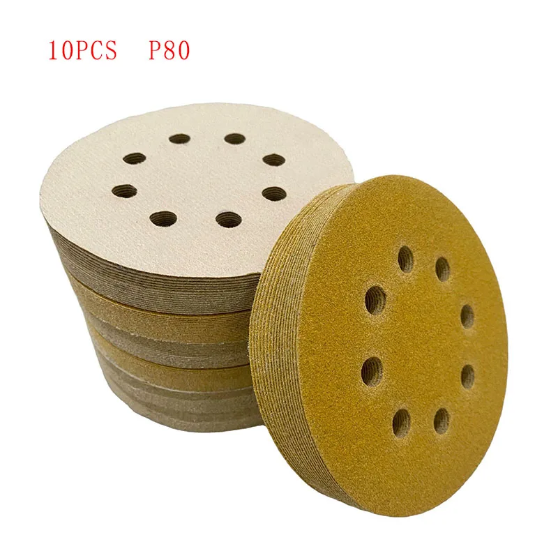 10pcs Gold Sandpaper Discs Pattern Dustless Hook And Loop Backing For Sander Sanding Automotive Paint Woodworking Metal