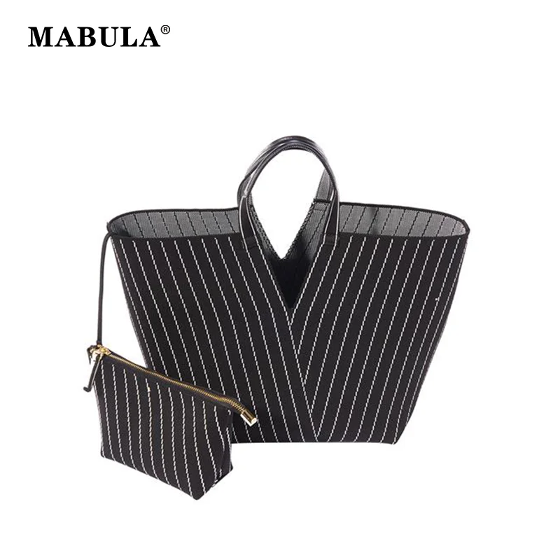 

MABULA Striped V Shape Underarm Tote Handbag Luxury Design Large Capacity Women Shoulder Purse Fashion Simple Square Shopper Bag