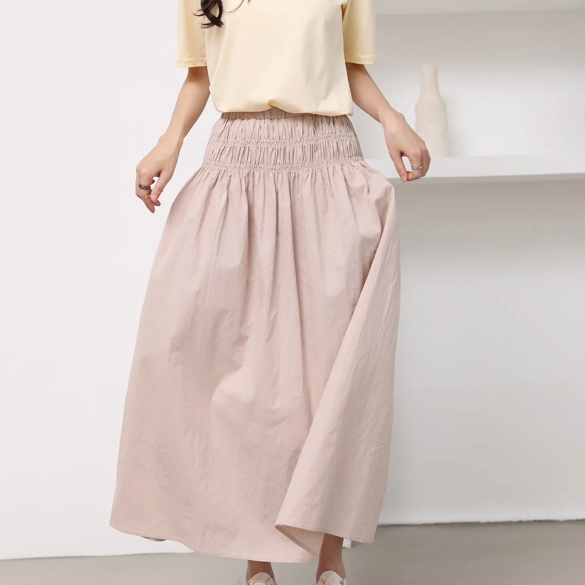 

Retro Japanese High Waist Design Pure Color Women's Full Skirt Summer Gentle Sle Puffy Skirt Cotton A-Line Long Skirt
