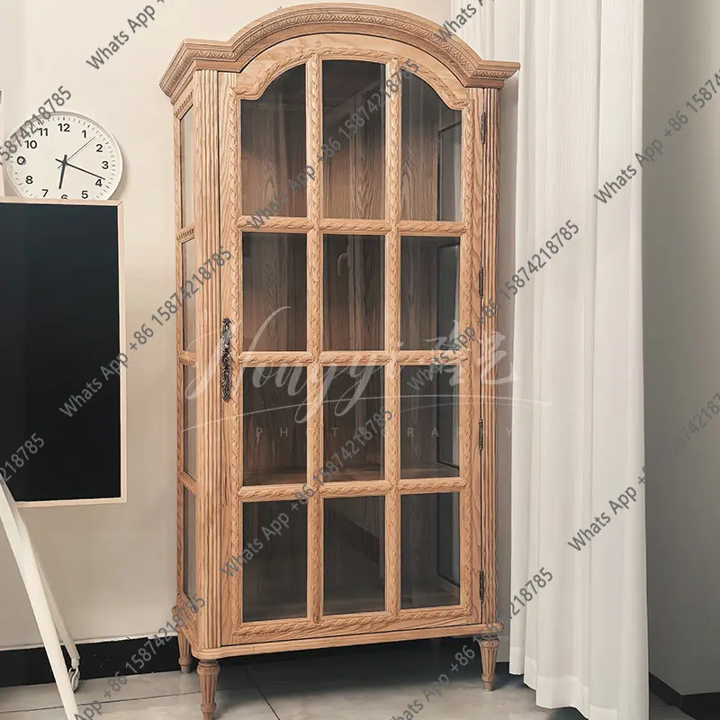 

solid wood carving flower glass wine cabinet French retro dining side cabinet display living room decorative locker