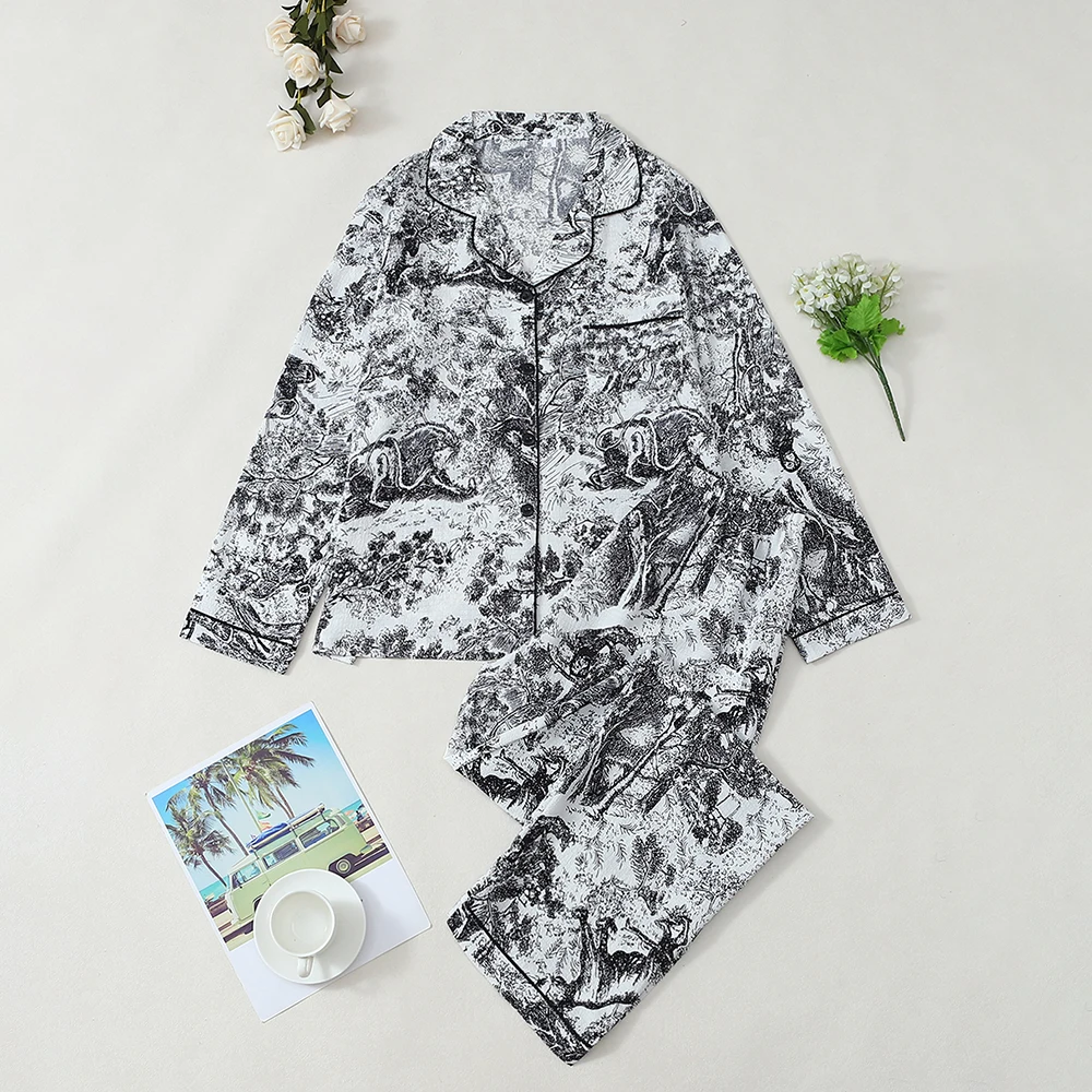 

2Pcs Retro Elegant Pajams Set For Women Fashion Print Comfortable Lapel Long Sleeve Shirt Pants Casual Loose Home Clothes