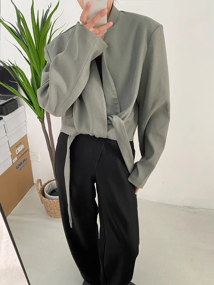 [EAM]  Women Gray Green Ribbon Short Big Size Blazer New Lapel Long Sleeve Loose Jacket Fashion Tide Spring Autumn 2024 1DF0385