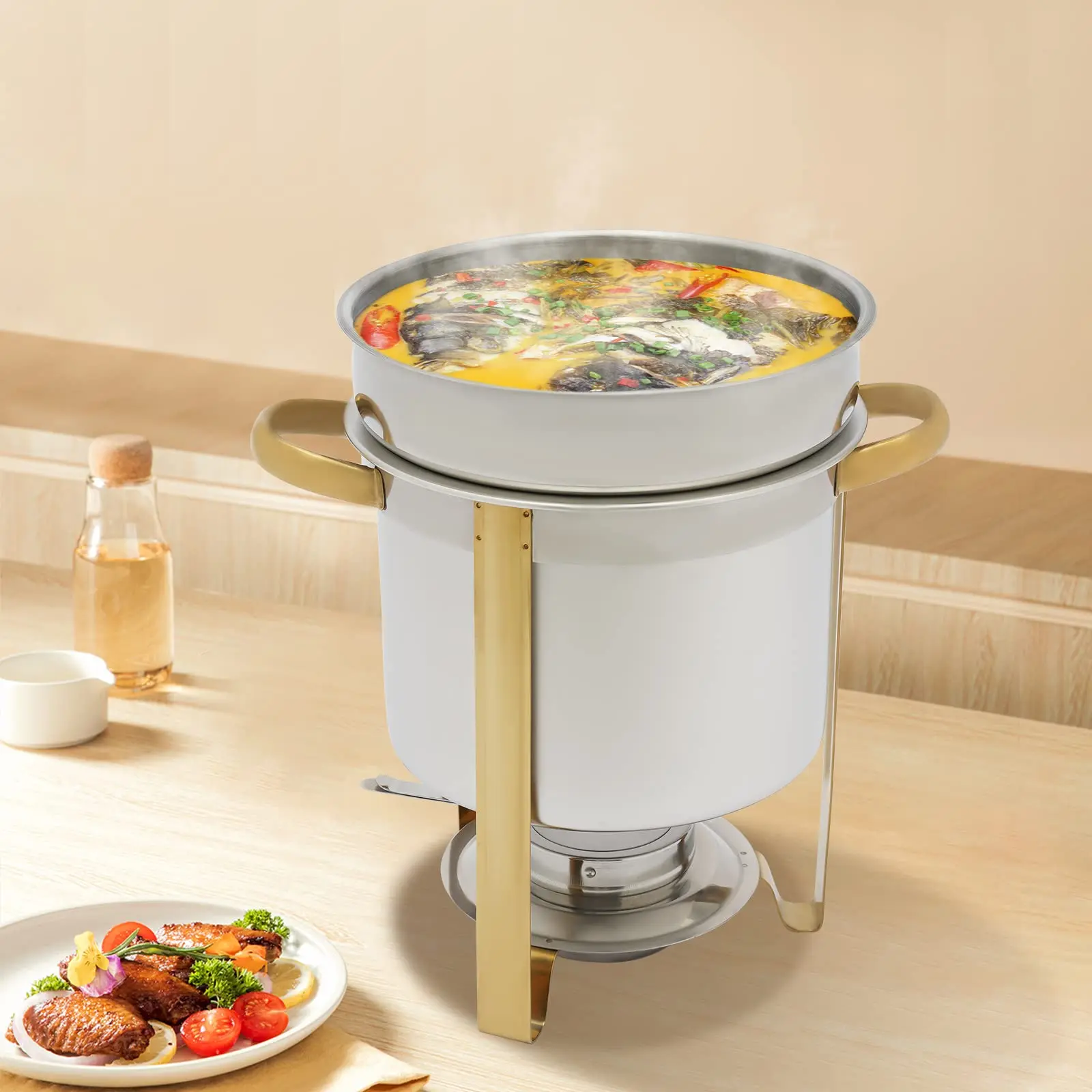 Estação de chafer de sopa de aço inoxidável de 7,4 qt, aquecedor comercial de chaleira de sopa, aquecedor de grau comercial dourado/prateado para catering, peça
