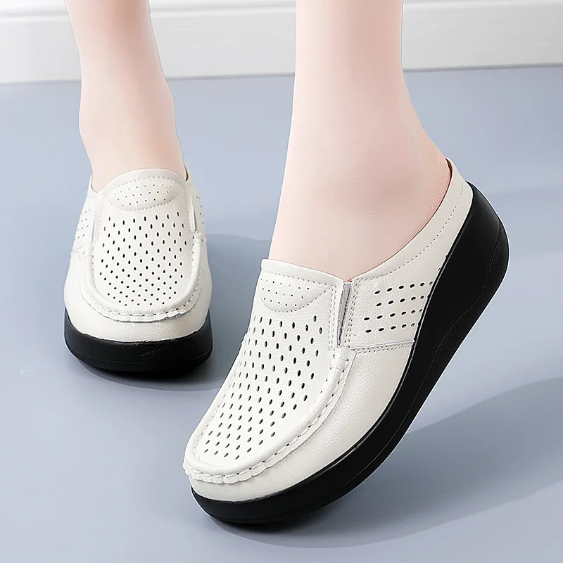 Summer New Women Platform Slipper Ladies Genuine Leather Comfort Wedge Moccasins Slingbacks Shoes Slip on Women Casual Shoes