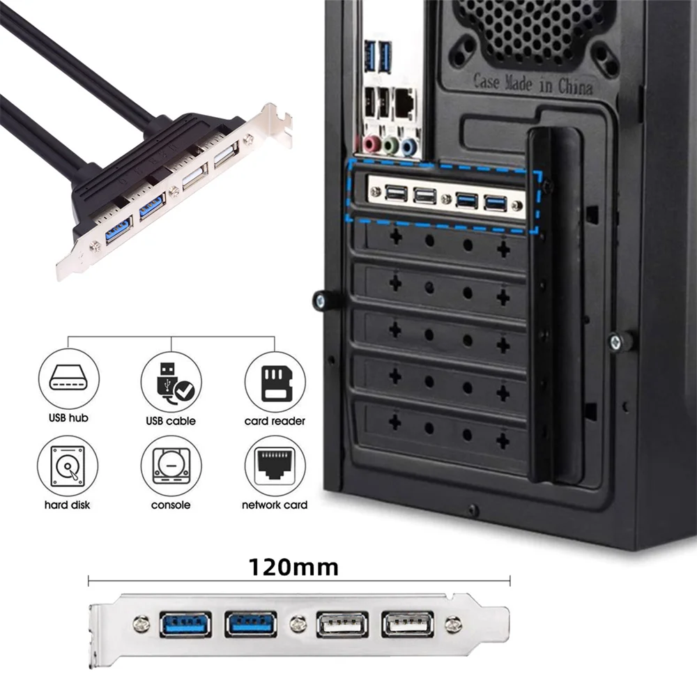 ChenYang Motherboard 9/10Pin & 19/20Pin to 2 USB 2.0 & 2 USB 3.0 Chassis Back Panel Cable 0.5M with 12cm PCI-E Slot Bracket