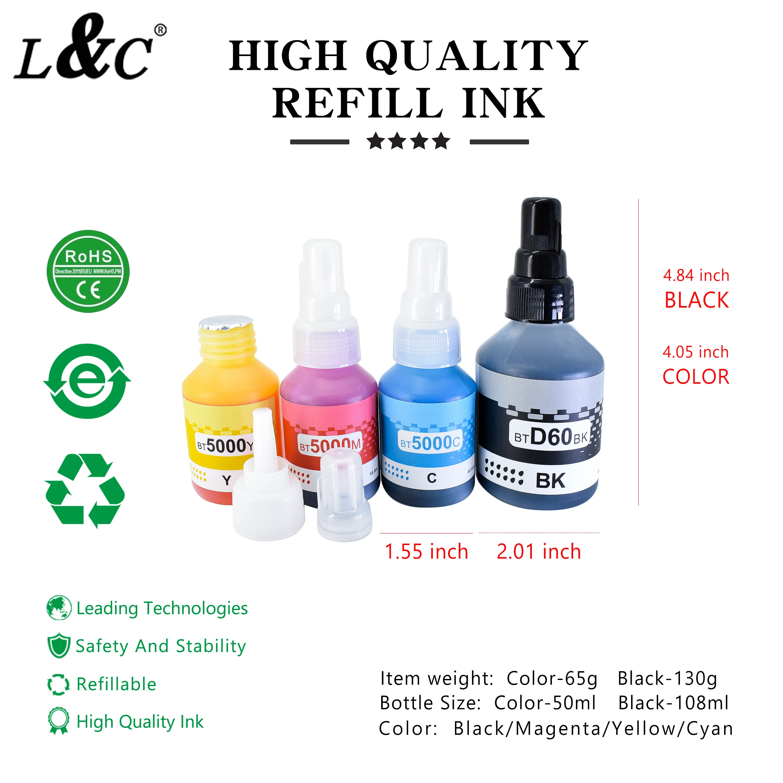 BTD60BK D60 BK 108ML Dye Ink Refill Kit For Brother DCP-T310 DCP-T510W DCP-T710W MFC-T810W MFC-T910W MFC-T5400W HL-T4000DW