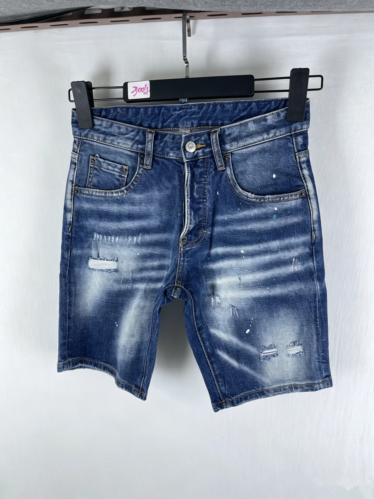 

3004 Summer New Men's Jeans Washed Ripped Patch Paint Slim-fit Micro-elastic Blue Denim Shorts for Men