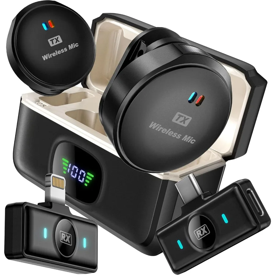 

Беспроводной петличный микрофон для iphone 15 Pro Max Android с Lightning USB C 2 TX + 2 RX Мини-микрофон с шумоподавлением