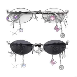 Y88A Fashionable Oval Frame Eyeglasses with Plain Lens Star Pendant for Work Study Read Blue Light Prevent Glasses Daily Use