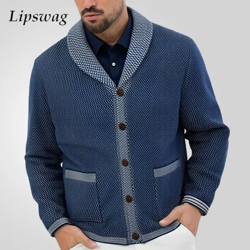 

Fashion Lapel Buttoned Knitted Cardigans Mens Casual Long Sleeve Plaid Jacquard Sweatercoats For Men Fall Casual Sweater Coat