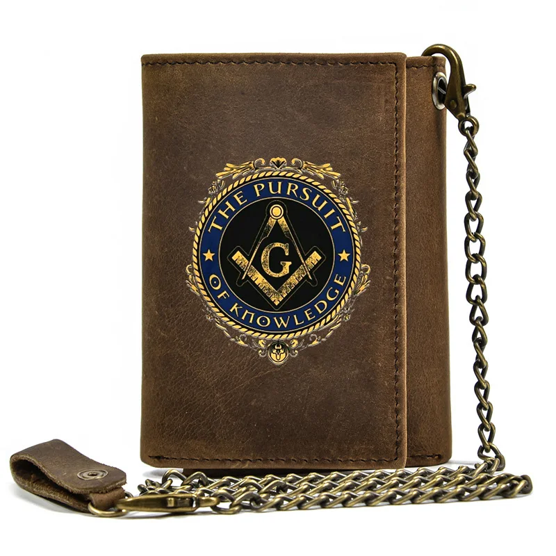 

Luxury Men Genuine Leather Wallet With Iron Chain Masonic The Pursuit Of Knowledge Printing Card Holder Short Purse Key BT087