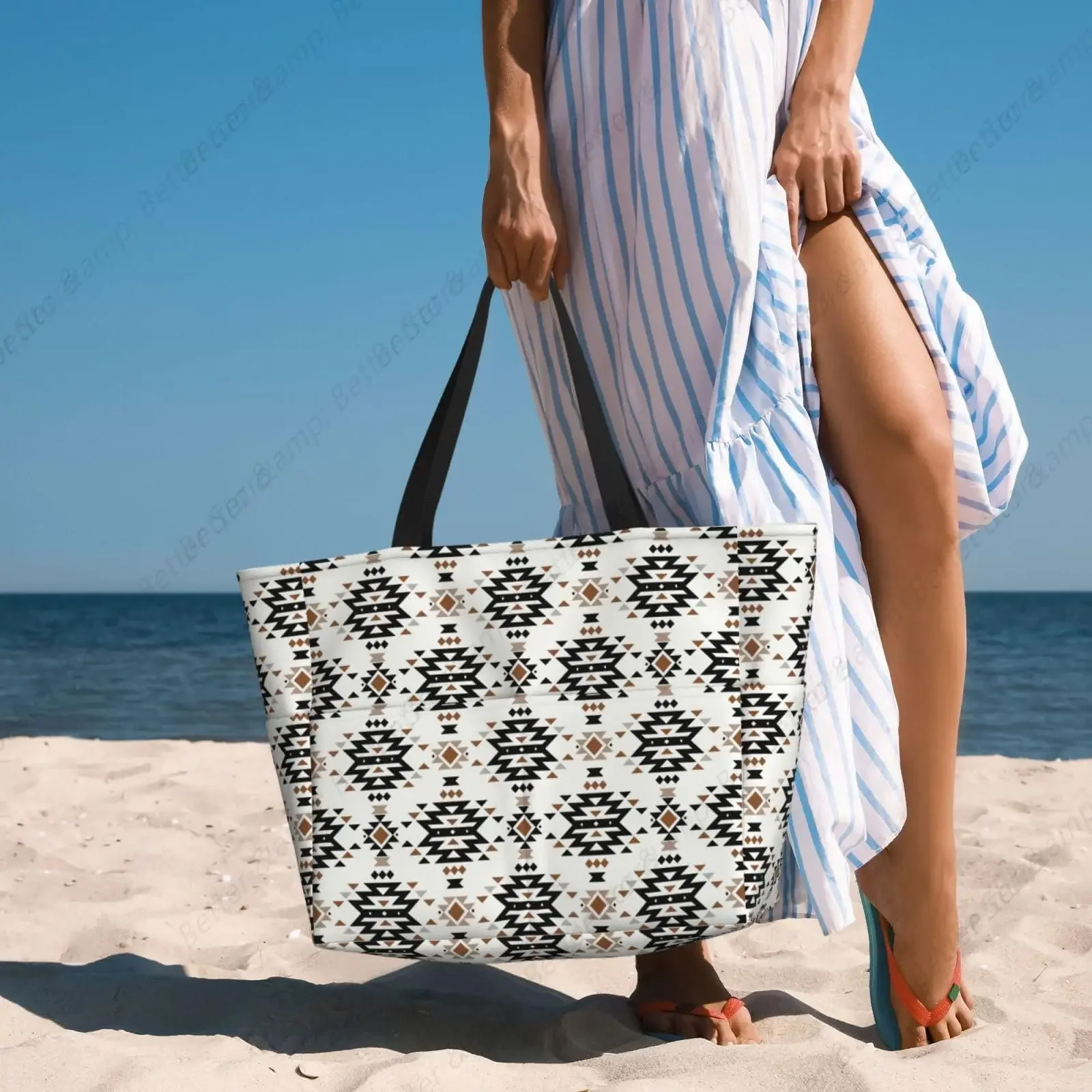 Bolsa tote de praia grande asteca feminina, à prova d'água, à prova de areia, zíper, bolsa de praia com bolso lateral para piscina, academia