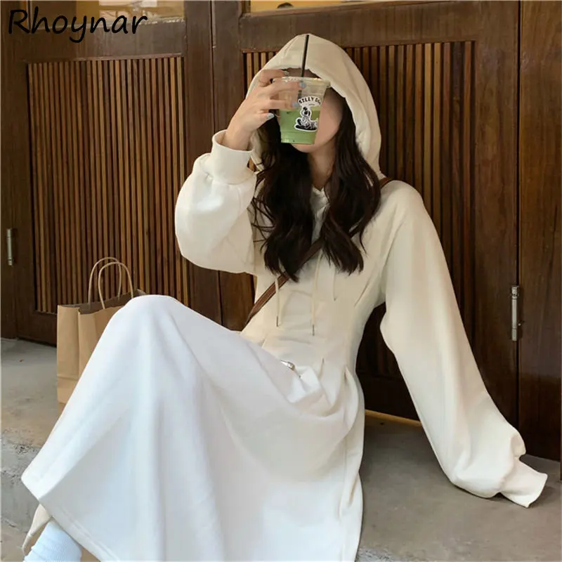 Hooded Dresses Women Solid Tunic Thick Winter Ins Harajuku Inside Long Sleeve Minimalist Holiday Vestidos Soft Fashion Aesthetic