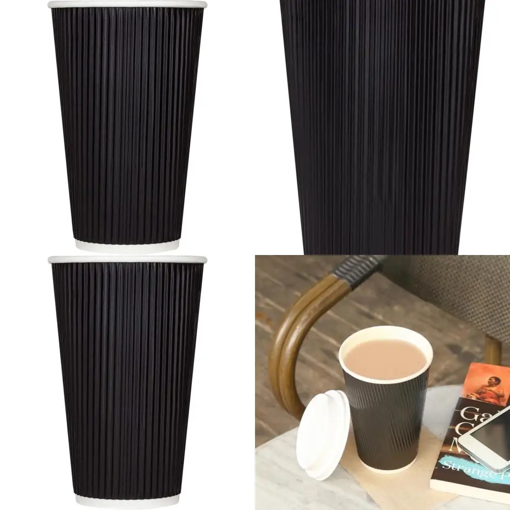 

Double Poly Lined 16oz Insulated Black Paper Coffee Cups - 500 Pack, Ideal for Serving Hot Beverages, 90mm Diameter, Ripple Desi