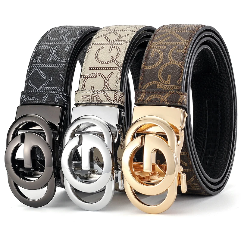 Men's Automatic Buckle Belt Faux Letter Monogram Ratchet Slide No-Hole Adjustable Business Casual, 3-Pack Black/Silver/Gold