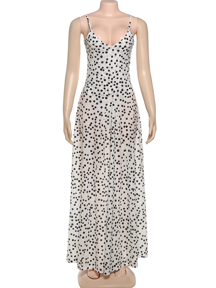 Macheda Ruches Elegante Maxi Jurk Vrouwen Sexy See Hoewel Stippen Print Lage Hals Backless Mode High Street Style vestidos
