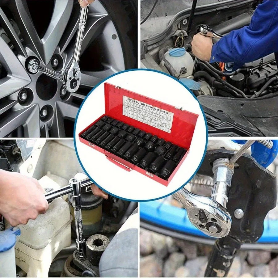 

35Piece 1 2in Professional Pneumatic Socket Set Comprehensive Auto Repair Toolkit with Long Short Sockets Air Cannon Hex Extens