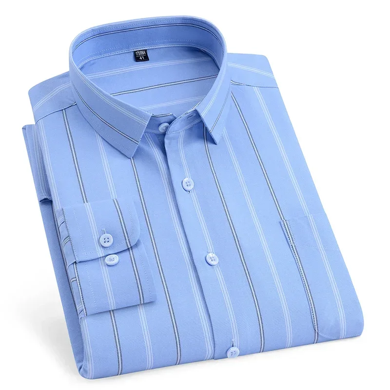 Plus Größe 14XL100% Baumwolle Oxford Langarmhemden für Herren Slim Fit formelles schlichtes Hemd weiche elegante Büro gestreifte blaue Kleidung