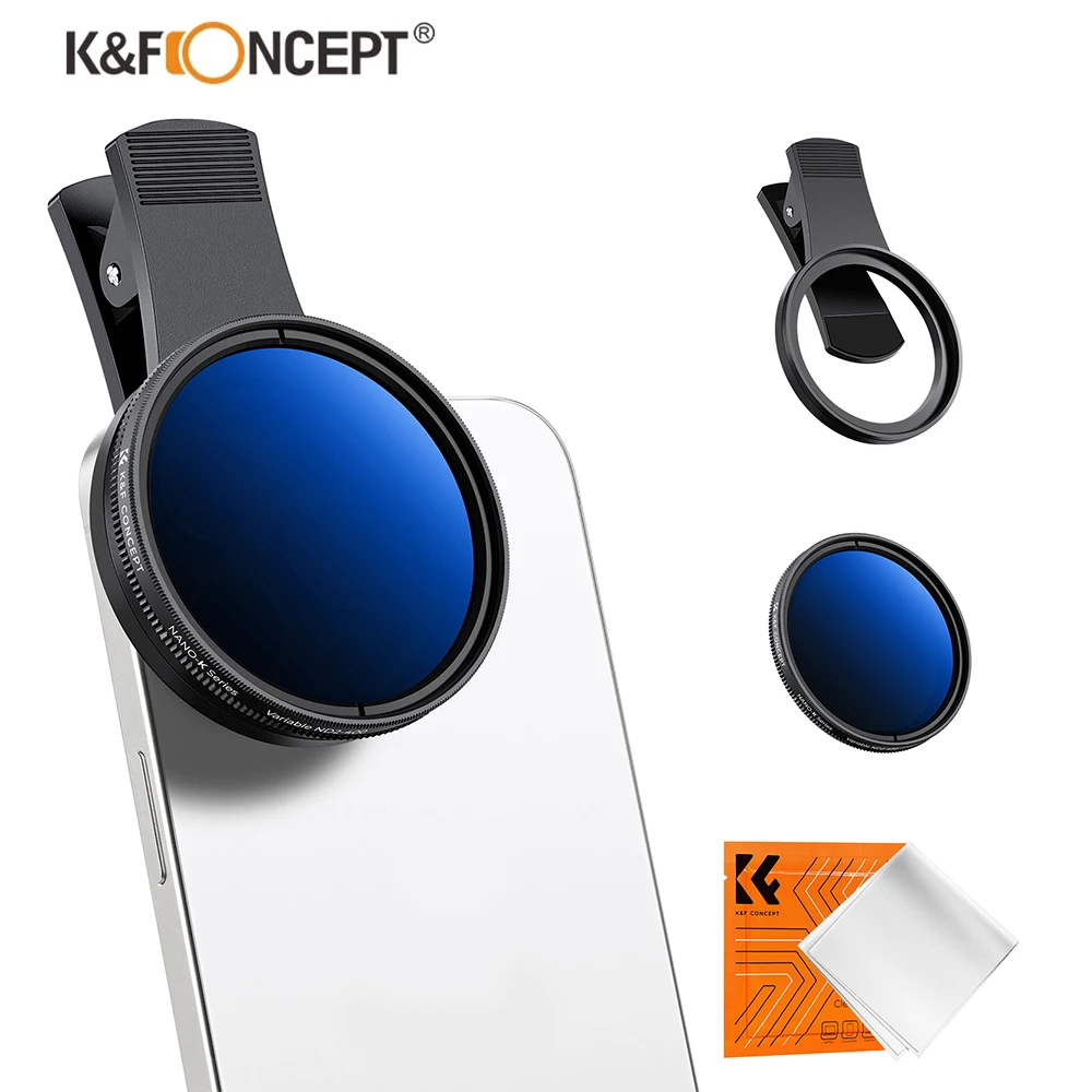 K&F CONCEPT Phone Filter Clip-On Variable ND2-400 Filter for All Phone & 52mm Camera Lens Compatible for iPhone 15 14 13 12