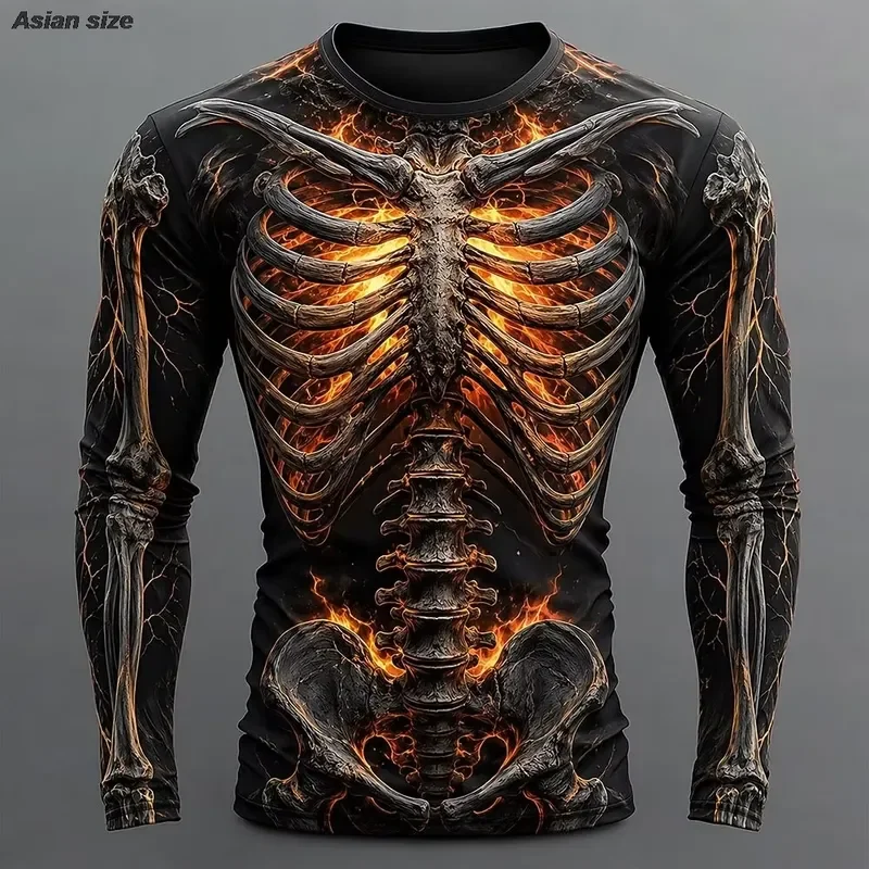 3D Long Sleeve Halloween Men's Skull Skeleton T Shirt 2026 Fashion Exaggerated 3D Print Crew Neck Top Casual Streetwear Gift