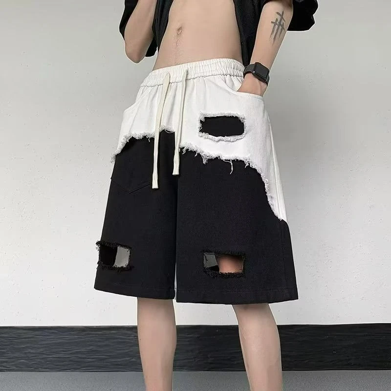 

Irregular Ripped Tooling Shorts Men's Summer Five-point Pants Design Sense Black and White Splicing Casual Pants