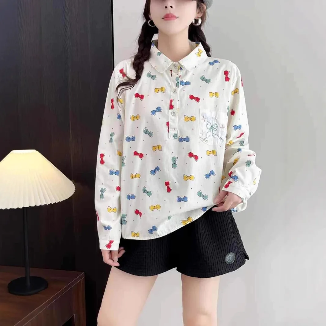 Spring New Japan Style Kawaii Cartoon Printed Cotton Shirts Women Mori Girl Turn Down Collar Casual Loose Blouse Tops