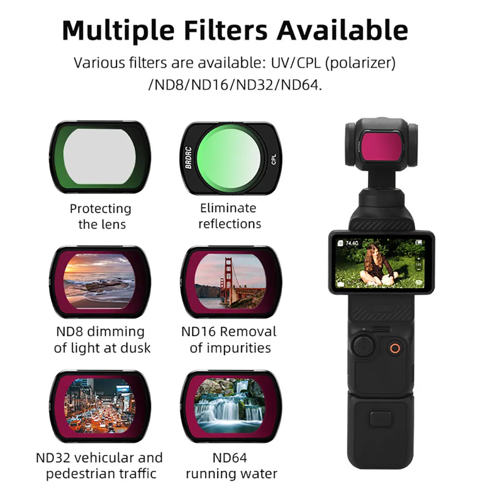 BRDRC-Lente Filtros Set para DJI Osmo Pocket 3, atração magnética, filtros NDPL, câmera Protetores Acessório, CPL UV, ND8, 16, 32, 64