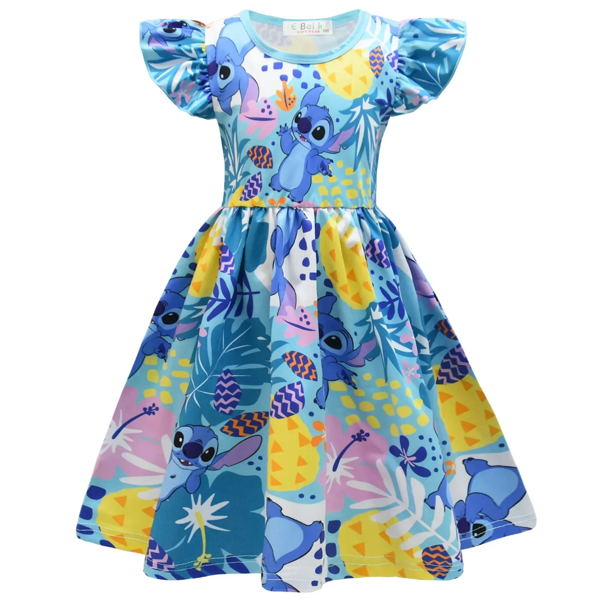 Disney Mickey Mouse Stitch Flying Sleeve Dress T-Shirt Skirt Summer Girls Sleeveless Skirt