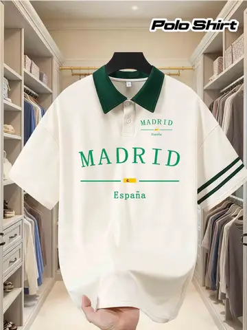 European and American men's summer new Madrid letter striped print soft breathable polo short sleeved T-shirt outdoor casual top
