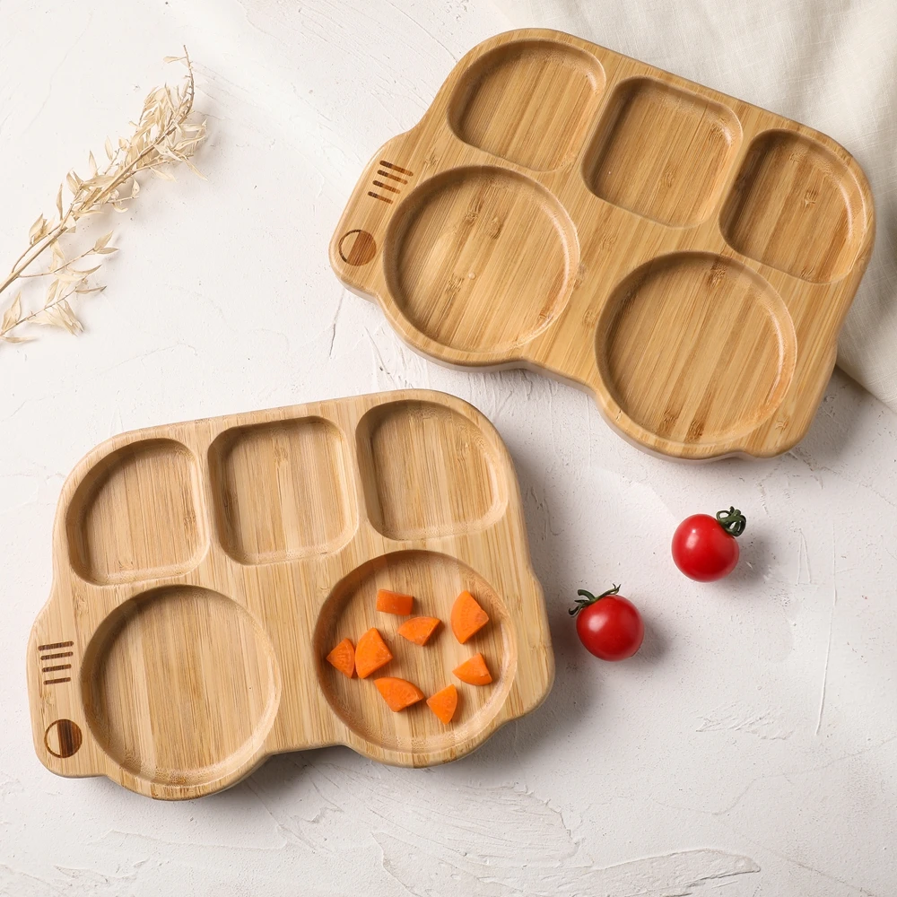 3PCS Set Wooden Baby Feeding Tableware Silicone Fork Spoon BPA Free Children Tableware Suction Plate Bow Divider Food For Kids