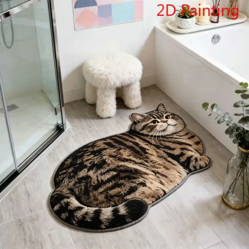 VIKAMA Simulation Lying Tiger Cat Shaped Plush Rug - Cute Cartoon Non-Slip Absorbent Floor Mat for Foyer, Bathroom, Living Room