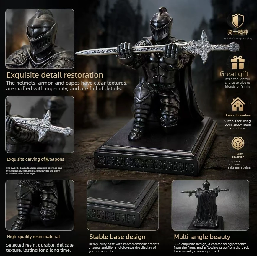 Medieval Warrior Kneeling Resin Statue Pen Holder Vintage Knight Figurine Desktop Storage Stand Home Office Tabletop Decor