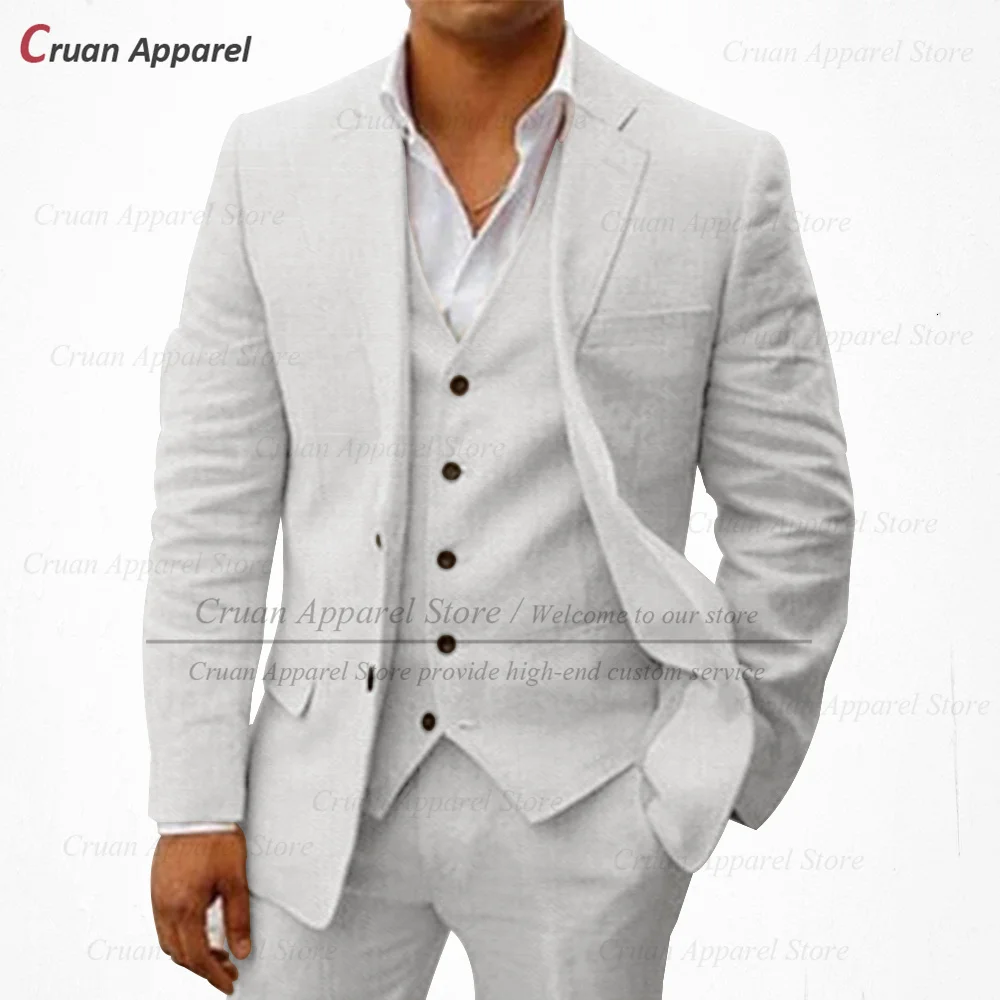 20 colori classici abiti di lino Beige da uomo Set Beach Wedding Groomsman Groom Suit Summer Casual White Business Jacket Vest Pants