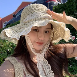 Parent Child Straw Hat ins Lace up Hollow Grass Knitted Hat Women's Summer outing Sun Protection Beach Beach Beach Sun Hat Lace