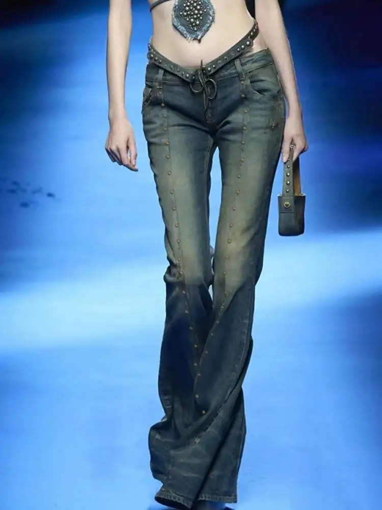 

Y2K Distressed Flared Cargo Jeans 90S Grunge Low Rise Rivet Stitching Pants Vintage Streetwear Denim Trousers for Women