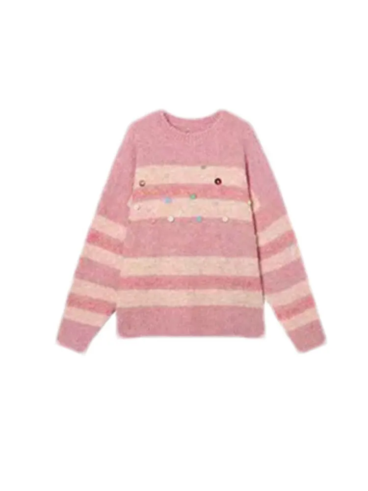 American College Sle-suéter de punto holgado informal para mujer, talla pequeña, Color a rayas, cálido, largo, Sve