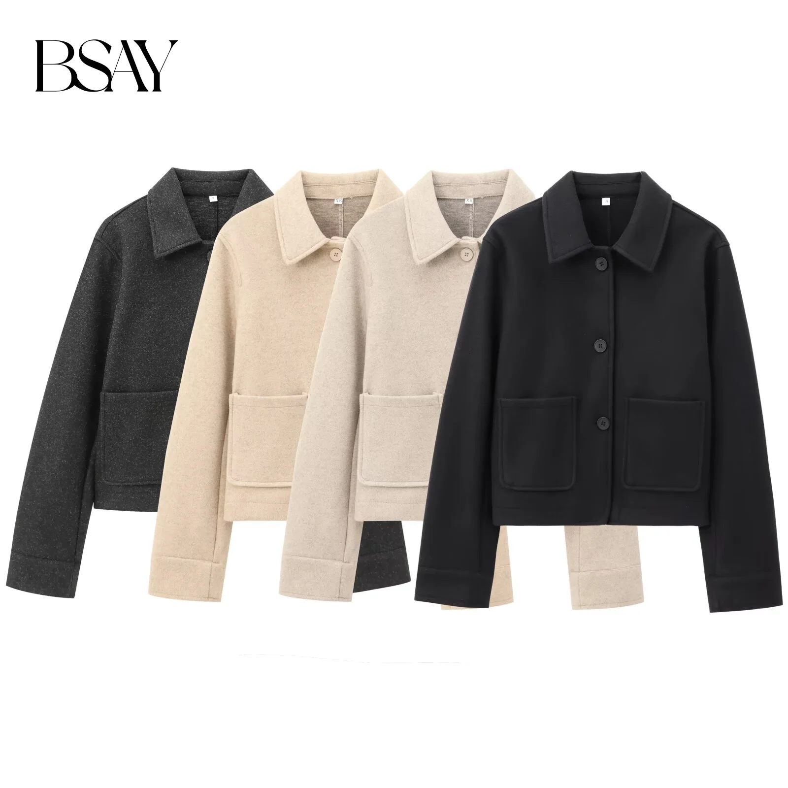 BSAY single row button decoration women's autumn new item 2025 lapel pocket decoration long sleeved soft jacket