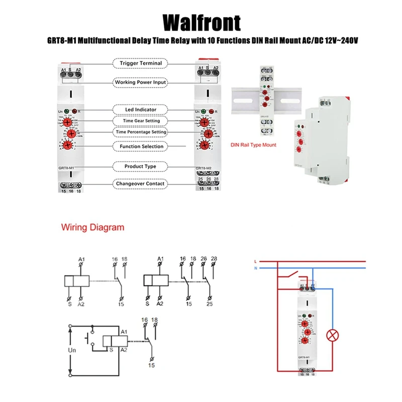 Vertragingstijdrelais Multifunctionele timer AC DC-schakelaar Relaisrelais GRT8-M1 met 10 functies