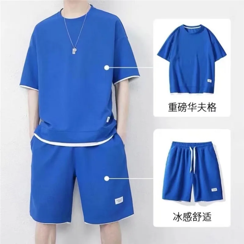 Waffle Shorts Set Men's Summer Short-sleeved Men's Clothing Set with Handsome Trendy Casual Sportswear