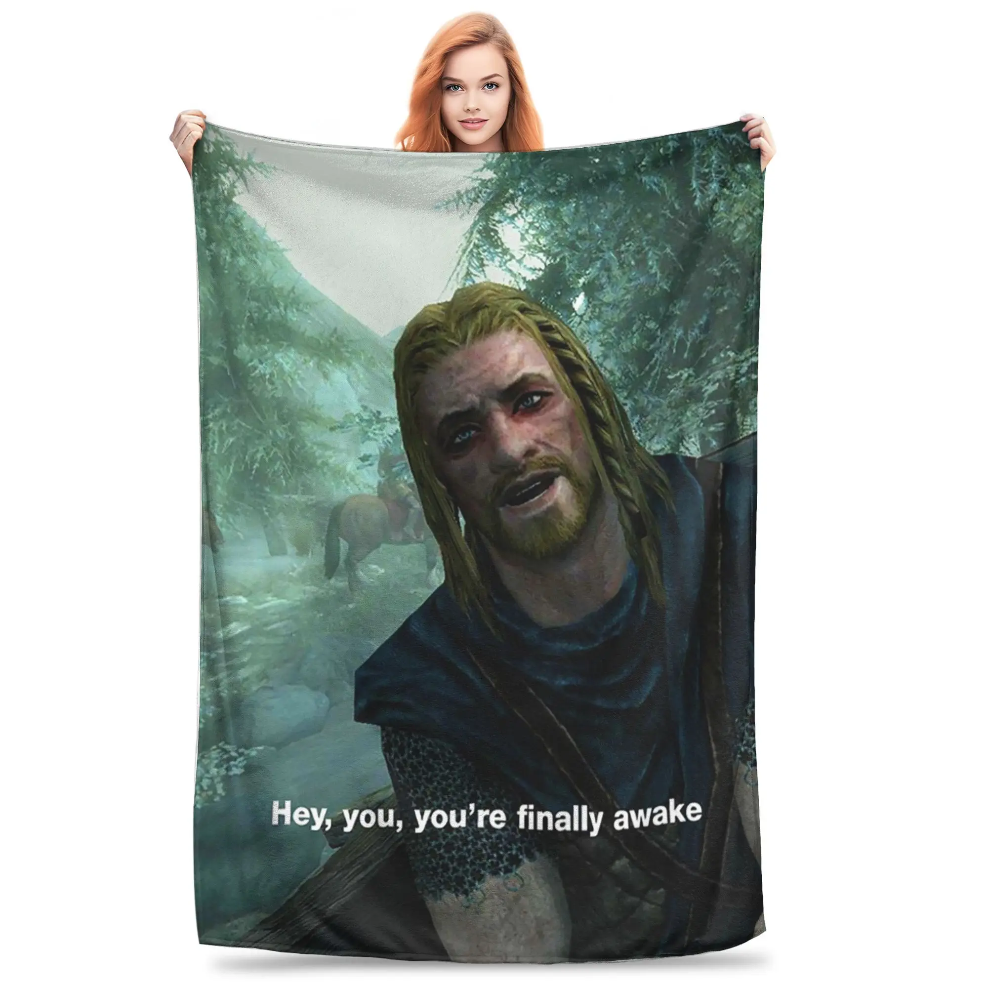 Hey You You're Finally Awake Skyrim Meme Blankets Soft Warm Flannel Throw Blanket Plush for Bed Living room Picnic Travel Home